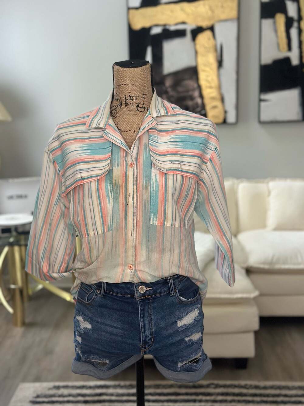 Vintage Cabrais Southwestern Pastel Striped Gauze Button Down Shirt